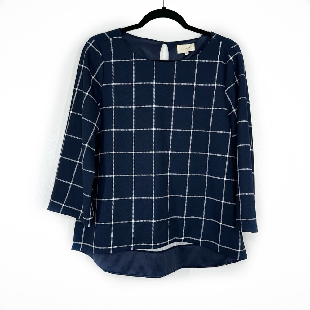 Navy windowpane check 3/4 sleeve top